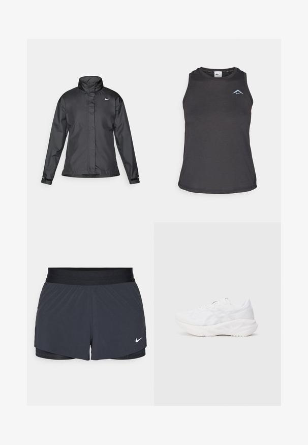 Jachetă neagră tip windbreaker cu guler înalt, fermoar înaintat și logo Nike pe piept; fabricată dintr-un material neted și ușor.; Top sportiv negru fără mâneci, cu guler rotund, având un mic logo albastru pe piept și un material neted, ușor.; Shorts atletici negri, cu un elastic la talie, având un design stratificat și un mic logo alb Nike în partea stângă jos. Material ușor.; Pantof de sport alb cu un superior din plasă respirabilă și talpă cu amortizare, având un model texturat și accente de design minimaliste.