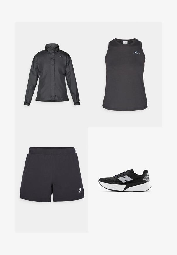 Juoda vėjui atspari striukė su aukštu apykakle, visišku užtrauktuku priekyje ir Nike logotipu krūtinėje; pagaminta iš lygaus, lengvo audinio.; Juodas sportinis marškinėlis be rankovių su apvaliu kaklu, dekoruotas mažyte mėlyna logotipu krūtinėje ir pagamintas iš lygaus, lengvo audinio.; Juodi sportiniai šortai su elastinga juosta, šoninėmis klostėmis ir baltu logotipu apatiniame kairiajame kampe. Lygi, lengva medžiaga.; Juodai balta New Balance bėgimo batai su storesne pado dalimi, tinklinė viršutinė dalis ir "N" logotipas šone, matoma iš išorinės pusės.