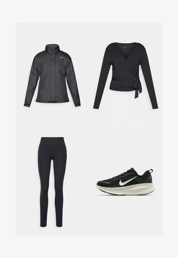 Giacca a vento nera con colletto alto, chiusura full zip e logo Nike sul petto; realizzata in tessuto leggero e liscio.; Top avvolgente nero a maniche lunghe con scollatura a V, dotato di un legaccio laterale. Realizzato in tessuto morbido e liscio con una silhouette aderente.; Leggings neri con una vita alta, caratterizzati da una superficie liscia e un design aderente. Senza motivi visibili o dettagli in metallo.; Scarpa da corsa nera Nike con tomaia in rete traspirante, logo Swoosh bianco, dettagli testurizzati e intersuola ZoomX di colore crema.