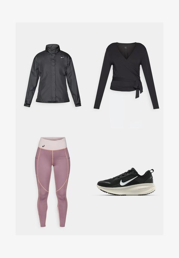 Črna vetrovka z višjim ovratnikom, popolnim zadrgo spredaj in logotipom Nike na prsih; izdelana iz gladkega, lahkega materiala.; Črna dolgoročja jakna s V-izrezom, ki ima bočni vozel. Narejena iz mehkega in gladkega materiala s prilegnjeno silhueto.; Leggings iz gladkega, elastičnega materiala v svetlo vijolični barvi z bež detajli. Imajo visok pas in stranske žepe.; Črne Nike tekaške čevlje z zračno mrežno zgornjim delom, belim logotipom Swoosh, teksturiranimi detajli in smetanasto barvnim srednjim delom ZoomX.