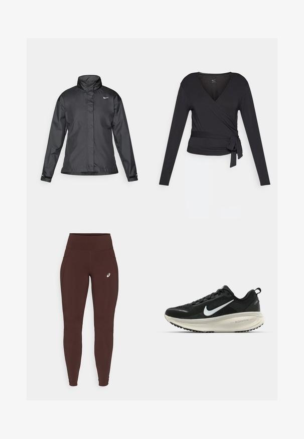 Black windbreaker jacket featuring a high collar, full zip front, and Nike logo on the chest; made of smooth, lightweight fabric.; Black long-sleeve wrap top with a V-neck, featuring a side tie. Made of soft, smooth fabric with a fitted silhouette.; Brown leggings made of stretch fabric with a high waistband, featuring side pockets and a subtle logo on the left thigh.; Black Nike running shoe with breathable mesh upper, white swoosh logo, textured detailing, and a cream-colored ZoomX midsole.