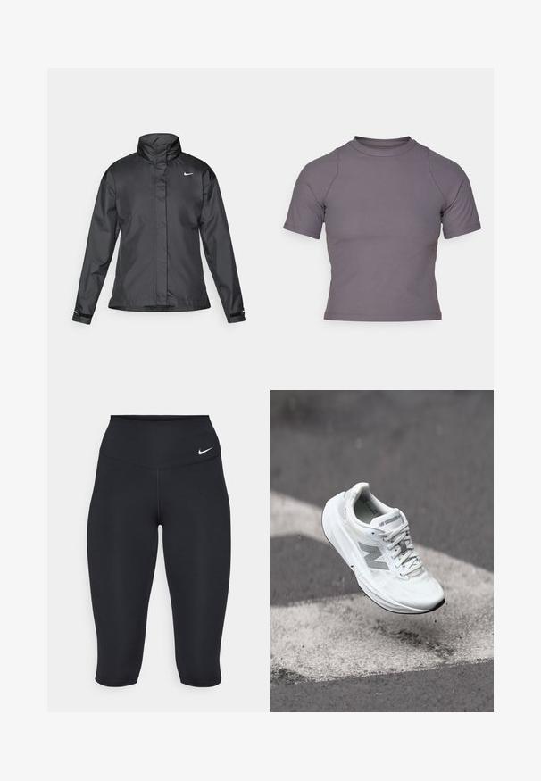 Schwarze Windjacke mit hochgeschlossenem Kragen, durchgehendem Reißverschluss und Nike-Logo auf der Brust; aus glattem, leichtem Material gefertigt.; Kurzärmliges, hochgeschlossenes Oberteil aus geripptem, grauem Stoff. Eng anliegendes Design mit flachen Nähten und einer glatten Textur. Keine Muster oder Grafiken vorhanden.; Die schwarzen Capri-Leggings von Nike verfügen über einen hohen Bund, ein glattes Stretchmaterial und ein dezentes Logodetail auf der Vorderseite.; Weißer Laufschuh mit einem strukturierten Mesh-Obermaterial, grauen Akzenten und einer gepolsterten Sohle, in der Luft über einer Fahrbahnmarkierung dargestellt.