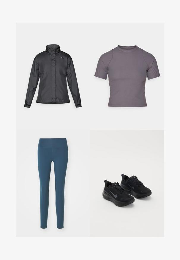 Svarte vindjakke med høy krage, full glidelås foran og Nike-logo på brystet; laget av glatt, lett materiale.; Kortermet topp med høy hals i ribbet, grått stoff. Fitted design med flate sømmer og glatt tekstur. Ingen mønstre eller grafikk til stede.; Nike Performance ONE - Tights - armory navy/black; Svarte treningssko med teksturert overdel, snøring og tykk, dempet såle. Har en grå Nike-logo på hver side.