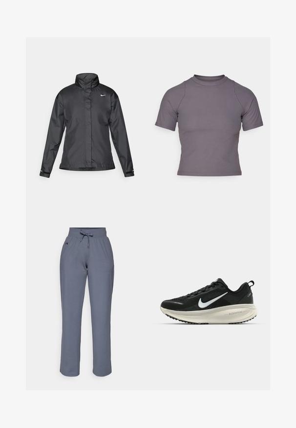 Black windbreaker jacket featuring a high collar, full zip front, and Nike logo on the chest; made of smooth, lightweight fabric.; Short-sleeve, high-neck top in ribbed, gray fabric. Fitted design with flat seams and a smooth texture. No patterns or graphics present.; Gray sweatpants made of soft fabric, featuring an elastic waistband, drawstring, and a logo on the side. Straight-leg design.; Black Nike running shoe with breathable mesh upper, white swoosh logo, textured detailing, and a cream-colored ZoomX midsole.