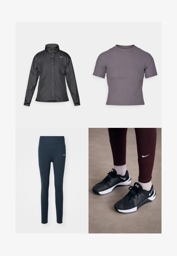 Črna vetrovka z višjim ovratnikom, popolnim zadrgo spredaj in logotipom Nike na prsih; izdelana iz gladkega, lahkega materiala.; Majica kratkih rukavov z visokim ovratnikom iz rebraste sivo tkanine. Prilagojena zasnova z ravnimi šivi in gladko teksturo. Brez vzorcev ali grafik.; Morske legice iz raztegljive tkanine, z visokim pasom, gladko teksturo in majhnim belim logotipom na strani.; Črne športne čevlje z teksturirano zgornjimi deli in belimi akcenti, vključno z vezalkami in logotipom na strani. Oblečene z maroon legicami in svetlimi nogavicami.