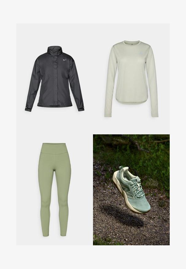 Černý větrový kabát s vysokým límcem, plným zipem vpředu a logem Nike na hrudi; vyrobený z hladké, lehké tkaniny.; Světle zelená košile s dlouhým rukávem vyrobená z texturované látky, se zaobleným výstřihem a malým logem na levé části hrudi.; Vysoké legíny v olivově zelené barvě. Vyrobené z elastického materiálu s hladkou texturou, s prošitými švy podél nohavic.; Světlounce zelená sportovní obuv s texturovaným svrškem, šněrovacím designem a béžovou podešví. Obsahuje decentní branding a polstrovaný límec.