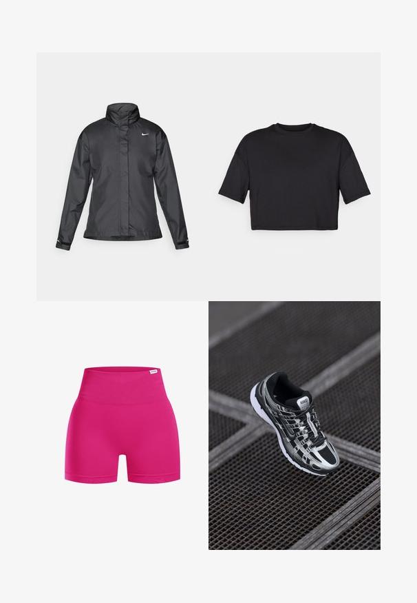 Czarna kurtka przeciwwiatrowa z wysokim kołnierzem, pełnym zamkiem z przodu i logo Nike na piersi; wykonana z gładkiego, lekkiego materiału.; Czarna krótka koszulka z miękkiego materiału, z okrągłym dekoltem i krótkimi, szerokimi rękawami, o prostej, bezszwowej konstrukcji.; Różowe szorty o wysokim stanie wykonane z elastycznego materiału, charakteryzujące się gładką teksturą i dopasowanym krojem. Brak widocznych logo lub wzorów.; Buty do biegania Nike w kolorystyce czarno-srebrnej, z siateczkową cholewką, teksturowaną podeszwą oraz systemem sznurowania zapewniającym pewne dopasowanie.