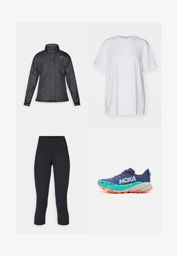 Veste coupe-vent noire avec un col haut, fermeture éclair complète à l'avant et logo Nike sur la poitrine ; fabriquée en tissu lisse et léger.; T-shirt blanc oversize en coton, avec un col rond, des manches courtes et des fentes sur les côtés pour un ajustement décontracté. Texture lisse.; Leggings noirs coupés en tissu extensible, avec une taille haute et une texture lisse, sans motifs ni éléments visibles.; HOKA SPEEDGOAT 6 - Chaussures de running - varsity blue/meteor