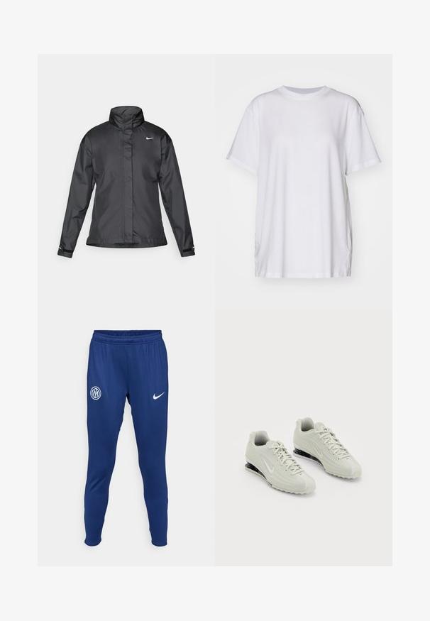 Must mustakate libi, millel on kõrge krae, täispikk tõmblukk ja Nike logo rinnal; valmistatud siledast, kergetest kangast.; Valge suuruses T-särk, mis on valmistatud puuvillast, millel on ümmargune kaelus, lühikesed varrukad ja külgmised lõhenemised mugava istuvuse tagamiseks. Sile tekstuur.; Tumed sinised spordipüksid sileda kangaga. Omab valget Nike'i logo ja ümmargust meeskonna embleemi vasakul reitel. Elastne vöökoht.; Valged Nike jooksujalatsid tekstuurse ülemise osaga, koos siledast materjalist varbakatte ja mustade pehmendustega. Kinnitatavad nööbid, tugevdatud konts.