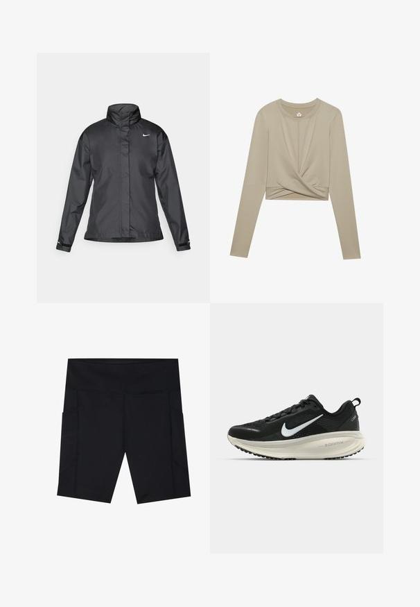 Jachetă neagră tip windbreaker cu guler înalt, fermoar înaintat și logo Nike pe piept; fabricată dintr-un material neted și ușor.; Crop top lung cu mânecă lungă, de culoare bej deschis, cu un design frontal răsucit, realizat dintr-o țesătură netedă. Dispune de un decolteu rotund și mâneci ajustate.; Shorts de sport negri, confecționați dintr-un material elastic, care absoarbe umezeala. Au două buzunare laterale și cusături plate pentru confort.; Pantofii de alergare negri de la Nike, cu parte superioară din plasă respirabilă, logo-ul alb Swoosh, detalii texturate și o talpă intermediară ZoomX de culoare crem.