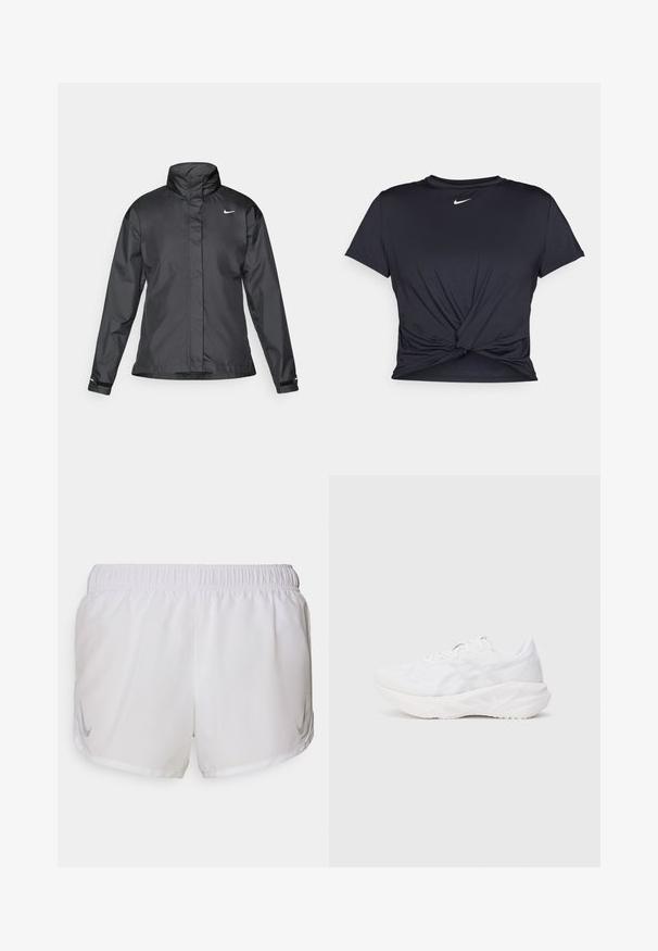 Veste coupe-vent noire avec un col haut, fermeture éclair complète à l'avant et logo Nike sur la poitrine ; fabriquée en tissu lisse et léger.; T-shirt de sport noir en tissu lisse, avec un design avant noué et un petit logo Nike blanc sur la poitrine.; Nike Performance FAST TEMPO SHORT - Short de sport - white/silver; Baskets blanches avec une tige en mesh respirant et une semelle rembourrée, affichant un motif texturé et des accents de design minimalistes.