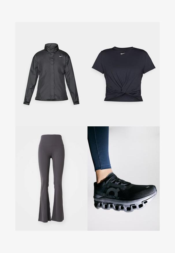 Giacca a vento nera con colletto alto, chiusura full zip e logo Nike sul petto; realizzata in tessuto leggero e liscio.; Maglietta atletica nera realizzata in tessuto liscio, con un design anteriore annodato e un piccolo logo Nike bianco sul petto.; Pantaloni yoga grigi a campana realizzati in tessuto elasticizzato. Vita alta e texture liscia, con un design aderente che si allarga verso il fondo.; Scarpa da corsa nera con tomaia testurizzata e una suola intermedia distintiva caratterizzata da un design segmentato unico. Accentata con un logo di lato.