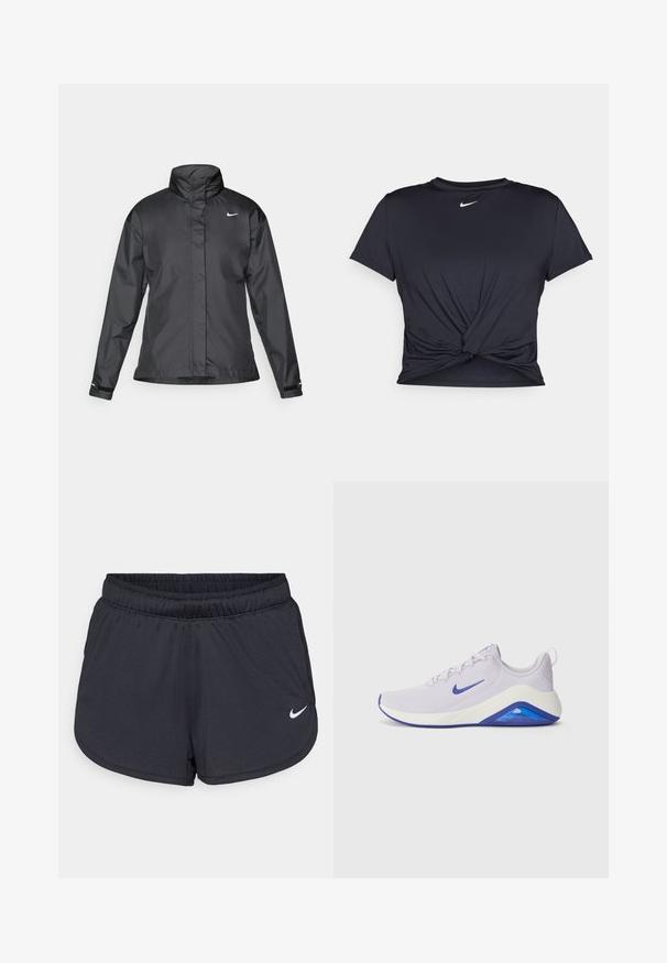 Musta tuulitakki, jossa on korkea kaulus, vetoketjullinen etuosa ja Nike-logo rinnassa; valmistettu sileästä ja kevyestä kankaasta.; Musta urheilu T-paita, joka on valmistettu sileästä kankaasta, jossa on solmittu etuosa ja pieni valkoinen Nike-logo rinnassa.; Mustat urheilushortsit, jotka on valmistettu kevyestä ja hengittävästä kankaasta. Sisältää joustavan vyötärönauhan ja valkoisen Nike-logon oikeassa alareunassa.; Vaalean violetti urheilukenkä, jossa on hengittävä verkko-osa, valkoinen välipohja ja sininen yksityiskohta kantapäässä ja pohjassa. Varustettu nauhoilla ja logolla.