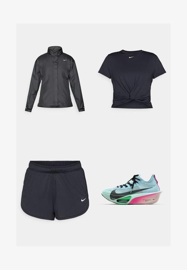 Crna vremenska jakna s visokim ovratnikom, punim zatvaračem sprijeda i Nike logom na grudima; izrađena od glatkog, laganog materijala.; Crni trenirac s kratkim rukavima izrađen od glatkog materijala, s čvorastim dizajnom sprijeda i malim bijelim Nike logotipom na prsima.; Crne atletske kratke hlače napravljene od laganog, prozračnog materijala. Imaju elastičnu traku u struku i bijeli Nike logo na donjoj desnoj strani.; Nike trkačka cipela s gornjim dijelom od svijetloplavog pletenog materijala, crnim detaljima, zelenom AIR ZOOM srednjom potplatkom i izometrijskom potplatom u ružičastoj i bijeloj gradaciji.