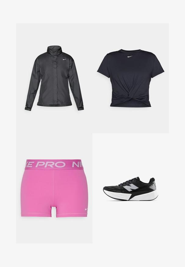 Crna vremenska jakna s visokim ovratnikom, punim zatvaračem sprijeda i Nike logom na grudima; izrađena od glatkog, laganog materijala.; Crni trenirac s kratkim rukavima izrađen od glatkog materijala, s čvorastim dizajnom sprijeda i malim bijelim Nike logotipom na prsima.; Rozpinkane atletske hlačice s širokim sivim Nike Pro pojasom. Napravljene su od glatkog, rastezljivog materijala s ravnim šavovima i malim Nike logom.; Crno-bijela New Balance trkačka cipela s debelim potplatom, mrežastim gornjim dijelom i "N" logotipom sa strane, prikazana s vanjske strane.
