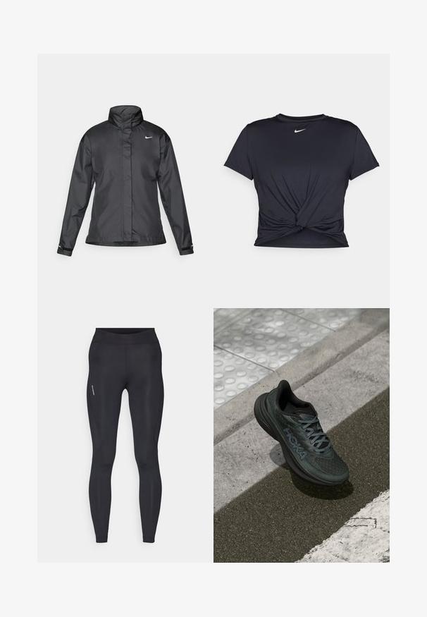 Čierna vetrovka s vysokým golierom, plným zipsom na prednej strane a logom Nike na hrudi; vyrobená z hladkej, ľahkej tkaniny.; Čierne atletické tričko vyrobené z hladkej tkaniny, so zaväzovaným predným dizajnom a malým bielym logom Nike na hrudi.; Čierne športové legíny so hladkou textúrou, celoplošným dizajnom a jemným bočným švom. Obsahujú malé logo na ľavej strane.; Čierna bežecká obuv s vrchnou časťou zo sieťoviny, textúrovanými detailmi a logom, ktorá má polstrovanú podošvu a sivé šnúrky, umiestnená na chodníku.