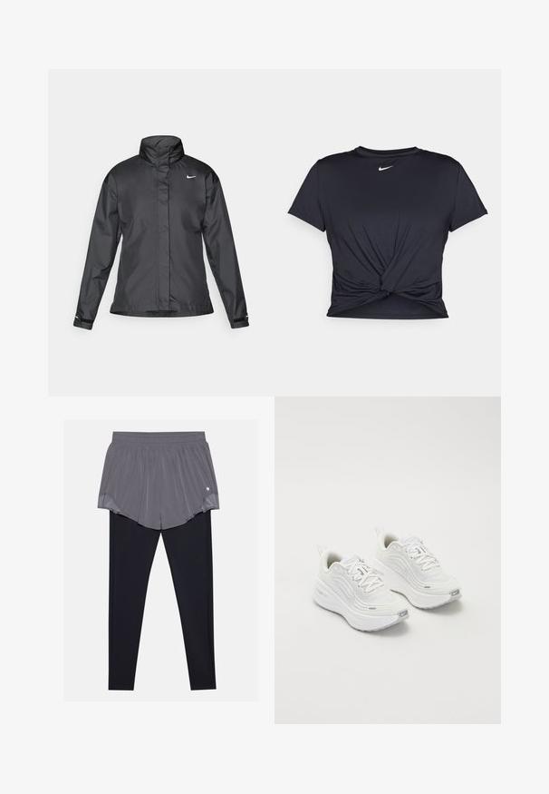 Čierna vetrovka s vysokým golierom, plným zipsom na prednej strane a logom Nike na hrudi; vyrobená z hladkej, ľahkej tkaniny.; Čierne atletické tričko vyrobené z hladkej tkaniny, so zaväzovaným predným dizajnom a malým bielym logom Nike na hrudi.; Športové kraťasy s plisé sivou vrstvou a priliehajúcimi čiernymi legínami nižšie. Elastický pás, ľahká tkanina a jemná štruktúra.; Biele športové topánky s textúrovaným sieťovým zvrškom, polstrovanou podrážkou a jemnými šedými akcentmi. Obsahujú branding a slučkovú pätku pre jednoduché obúvanie.