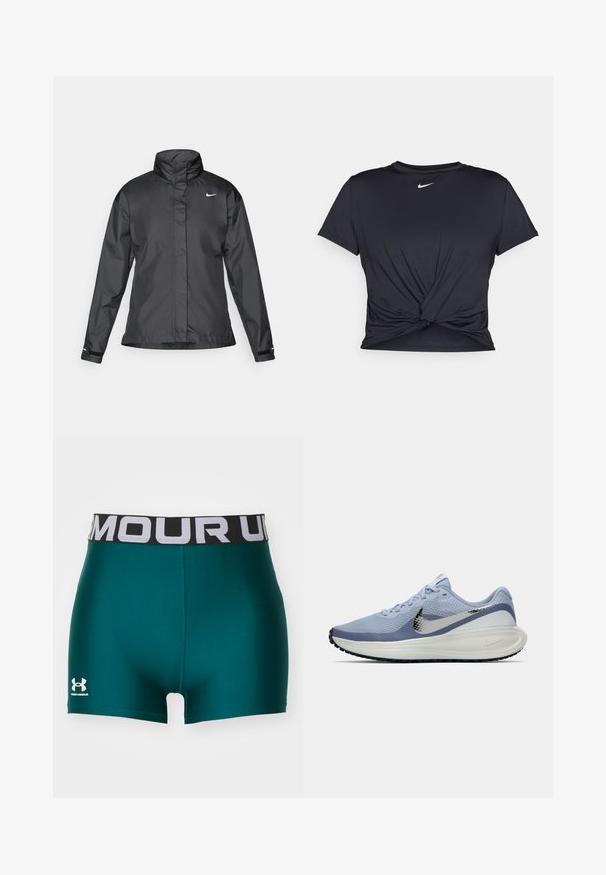 Svarte vindjakke med høy krage, full glidelås foran og Nike-logo på brystet; laget av glatt, lett materiale.; Svart trenings T-skjorte laget av glatt stoff, med en knyttet frontdesign og en liten hvit Nike-logo på brystet.; Under Armour HEATGEAR SHORTY - Tights - hydro teal/white; Lys blå og hvit Nike løpesko med sølvfarget swoosh, pustende mesh-overdel, polstret såle og svart yttersåle med mønster.