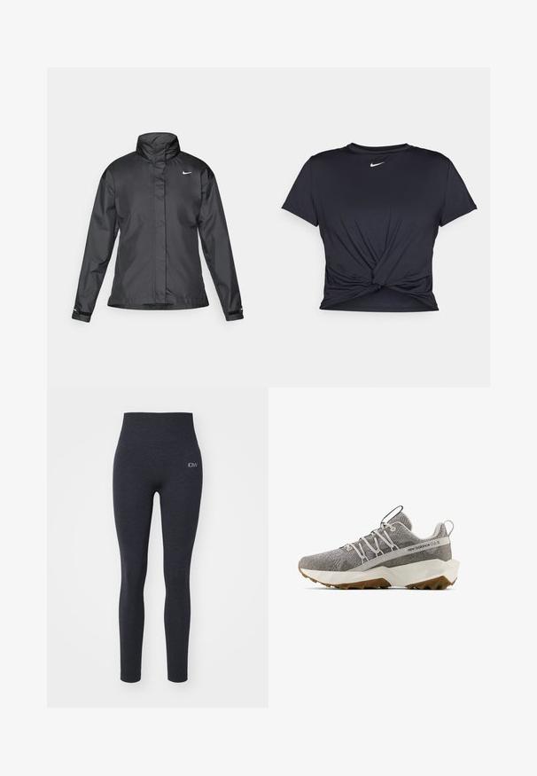 Must mustakate libi, millel on kõrge krae, täispikk tõmblukk ja Nike logo rinnal; valmistatud siledast, kergetest kangast.; Mustmust musta sportlik T-särk, mis on valmistatud sujuvast kangast, millel on sõlmega esikülg ja väike valge Nike logo rinnal.; Kõrge vöökohaga tumesinised leggingsid, mis on valmistatud venivast materjalist, millel on sile tekstuur; vasakul küljel on väike logo.; Hallhalli hallitavad New Balance spordijalatsid, millel on tekstuuriga kudumipealne, valge geomeetriline tall, pruuni kummitallaga, elastsete paeltega kujundus ning tõmblauad keele ja kantide peal.