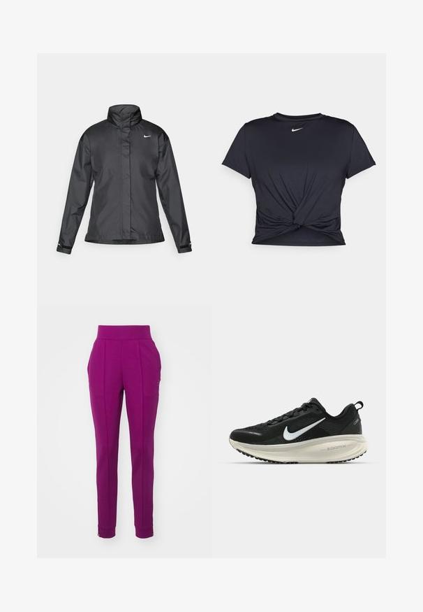 Svart vindjacka med hög krage, hel dragkedja fram och Nike-logga på bröstet; tillverkad av ett mjukt, lätt tyg.; Svart atletisk t-shirt i mjukt tyg, med en knuten framdesign och en liten vit Nike-logga på bröstet.; Nike Performance HERITAGE PANT - Träningsbyxor - sangria; Svart Nike löparsko med andningsbart mesh-ovandel, vit swoosh-logotyp, texturerad detaljering och en krämfärgad ZoomX-mellansula.