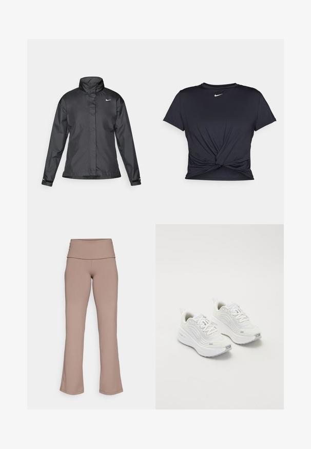 Musta tuulitakki, jossa on korkea kaulus, vetoketjullinen etuosa ja Nike-logo rinnassa; valmistettu sileästä ja kevyestä kankaasta.; Musta urheilu T-paita, joka on valmistettu sileästä kankaasta, jossa on solmittu etuosa ja pieni valkoinen Nike-logo rinnassa.; Leveled pants av en mjuk beige tyg, hög midja design, slät textur och sömmar, som erbjuder en åtsittande och svävande silhuett.; Valkoiset urheilukengät, joissa on teksturoitu verkkoma upper, pehmustettu pohja ja hillityt harmaat yksityiskohdat. Mukana brändäys ja silmukkamuotoinen kantapäänvetotappi helppoa pukeutumista varten.
