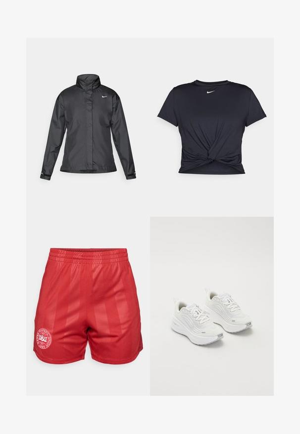 Casaco corta-vento preto com colarinho alto, fecho éclair frontal e logótipo da Nike no peito; feito de um tecido suave e leve.; T-shirt atlético preto feito de tecido liso, apresentando um design frontal com nó e um pequeno logótipo branco da Nike no peito.; Calções de atleta vermelhos com cintura elástica, apresentando uma textura suave e um padrão de riscas verticais; inclui um logótipo circular branco de um lado.; Tênis atléticos brancos com um cabedal de malha texturizada, sola acolchoada e discretos detalhes em cinza. Inclui logótipo e aba de calcanhar em laço para facilitar o calçar.