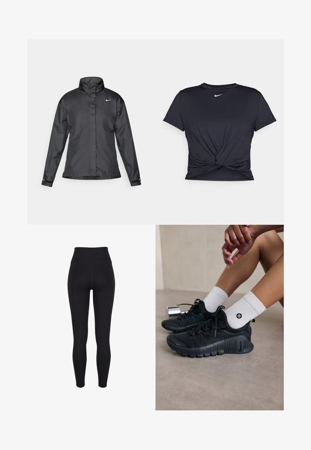 Czarna kurtka przeciwwiatrowa z wysokim kołnierzem, pełnym zamkiem z przodu i logo Nike na piersi; wykonana z gładkiego, lekkiego materiału.; Czarna sportowa koszulka z gładkiego materiału, z wiązanym przodem i małym białym logo Nike na piersi.; Czarne prążkowane legginsy z wysokim stanem, charakteryzujące się bezszwowym designem, dopasowanym krojem i gładką fakturą. Idealne do aktywności fizycznej.; Czarne buty sportowe z teksturowanej tkaniny, z warkoczowym wzorem i wyraźną podeszwą, w zestawie z białymi skarpetami prążkowanymi z małym logo.