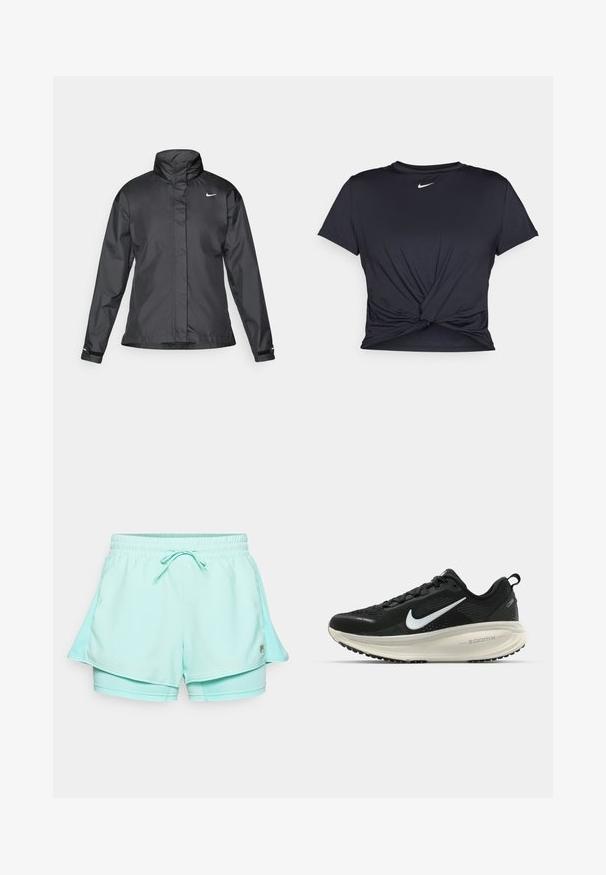 Must mustakate libi, millel on kõrge krae, täispikk tõmblukk ja Nike logo rinnal; valmistatud siledast, kergetest kangast.; Mustmust musta sportlik T-särk, mis on valmistatud sujuvast kangast, millel on sõlmega esikülg ja väike valge Nike logo rinnal.; Mündroheline spordipüksid elastse vöökoha ja nööriga. Omab kihilist disaini ja logo aksenti küljel. Pehme tekstuur.; Musthave mustus Nike jooksujalats, millel on hingav võrgust ülemine osa, valge swoosh logo, tekstuuriga detailid ja kreemja värvusega ZoomX vahevöö.