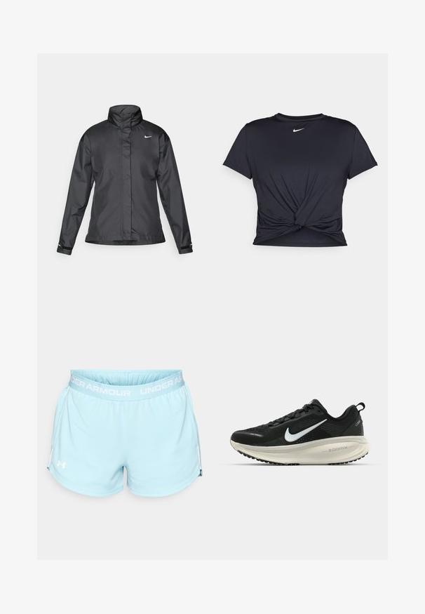 Černý větrový kabát s vysokým límcem, plným zipem vpředu a logem Nike na hrudi; vyrobený z hladké, lehké tkaniny.; Černé sportovní tričko vyrobené z hladkého materiálu, s uzlovým designem vpředu a malým bílým logem Nike na hrudi.; Světle modré sportovní šortky s elastickým pasem, na kterých je bílý logo "UNDER ARMOUR" a jemné boční rozparky na spodním lemu.; Černá běžecká obuv Nike s prodyšným síťovaným svrškem, bílým logem swoosh, texturovanými detaily a krémovou mezipodešví ZoomX.