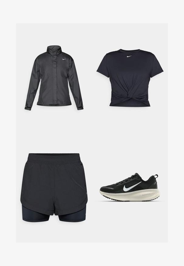 Jachetă neagră tip windbreaker cu guler înalt, fermoar înaintat și logo Nike pe piept; fabricată dintr-un material neted și ușor.; Tricou sport negru din material neted, cu un design frontal legat și un mic logo Nike alb pe piept.; Pantaloni scurți atletici negri, cu un strat exterior care prezintă o captuseală interioară ajustată. Talie elastică, iar țesătura pare ușoară și netedă.; Pantofii de alergare negri de la Nike, cu parte superioară din plasă respirabilă, logo-ul alb Swoosh, detalii texturate și o talpă intermediară ZoomX de culoare crem.