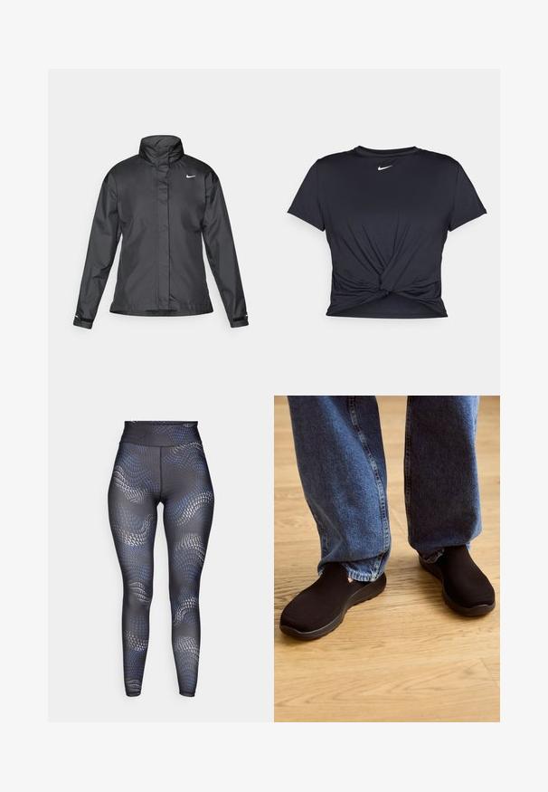 Veste coupe-vent noire avec un col haut, fermeture éclair complète à l'avant et logo Nike sur la poitrine ; fabriquée en tissu lisse et léger.; T-shirt de sport noir en tissu lisse, avec un design avant noué et un petit logo Nike blanc sur la poitrine.; Leggings noirs avec un motif ondulé bleu et gris, taille haute, texture lisse et coupe ajustée conçue pour les vêtements de sport.; Chaussures noires à enfiler avec un dessus en maille texturée et une semelle rembourrée, associées à un jean en denim bleu ample sur un sol en bois.