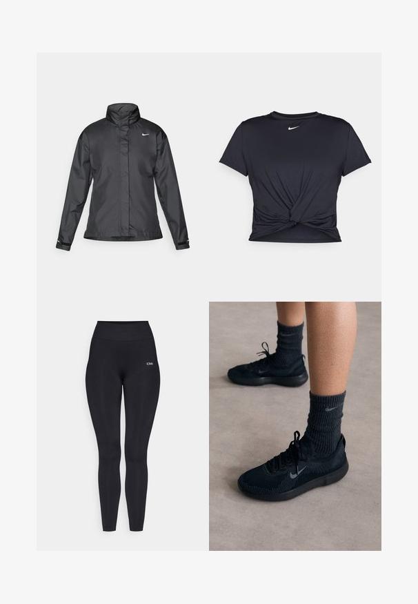 Black windbreaker jacket featuring a high collar, full zip front, and Nike logo on the chest; made of smooth, lightweight fabric.; Black athletic t-shirt made of smooth fabric, featuring a knotted front design and a small white Nike logo on the chest.; Black leggings with a high waistband, made from a smooth, stretchy fabric. Features a small logo detail near the waistband.; Black Nike sneakers with a textured knit upper, featuring a grey swoosh logo, paired with dark ribbed socks. Flat rubber sole.