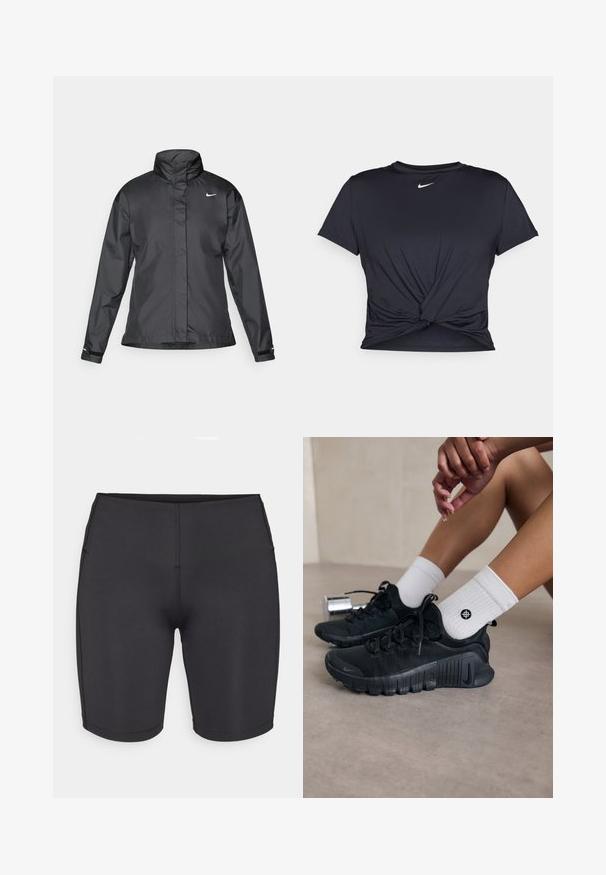 Čierna vetrovka s vysokým golierom, plným zipsom na prednej strane a logom Nike na hrudi; vyrobená z hladkej, ľahkej tkaniny.; Čierne atletické tričko vyrobené z hladkej tkaniny, so zaväzovaným predným dizajnom a malým bielym logom Nike na hrudi.; Even&Odd active LOW RISE CYCLING SHORTS
- Legíny - black; Čierne športové topánky s textúrovanou látkou, šnurovací dizajn a výrazná podrážka, doplnené o biele rebrované ponožky s malým logom.