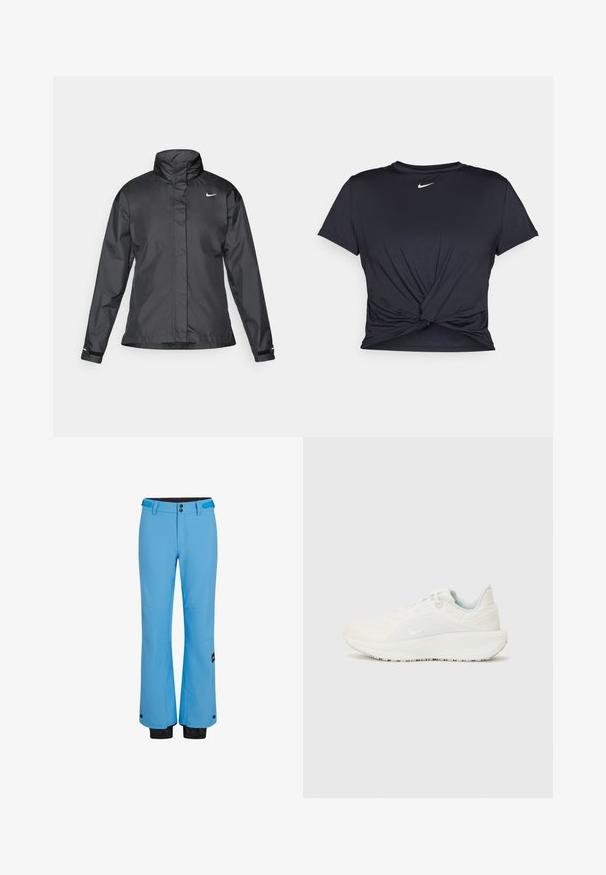 Musta tuulitakki, jossa on korkea kaulus, vetoketjullinen etuosa ja Nike-logo rinnassa; valmistettu sileästä ja kevyestä kankaasta.; Musta urheilu T-paita, joka on valmistettu sileästä kankaasta, jossa on solmittu etuosa ja pieni valkoinen Nike-logo rinnassa.; Siniset hiihtohousut, jotka on valmistettu vedenpitävästä materiaalista. Housuissa on suora lahkeiden muotoilu, kaksi etutaskua ja mustat elastiset hihnat nilkoissa.; Valkoiset urheilusukat, joissa on teksturoidut päälliset, pehmustettu nilkkaosa ja nauhakiinnitys. Ominaisuuksiin kuuluu kaareva ulkopohja ja hillitty brändäys sivulla.