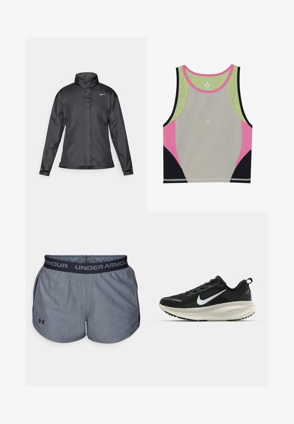Svart vindjacka med hög krage, hel dragkedja fram och Nike-logga på bröstet; tillverkad av ett mjukt, lätt tyg.; Färgglad sportcrop top med en ljusgrå kropp, rosa, svart och gröna accenter samt rund halsringning med perforerade detaljer.; Grå idrottsshorts med svart elastisk midjeband som har "UNDER ARMOUR"-logotypen. Tillverkade av texturerat tyg med en slät yta.; Svart Nike löparsko med andningsbart mesh-ovandel, vit swoosh-logotyp, texturerad detaljering och en krämfärgad ZoomX-mellansula.