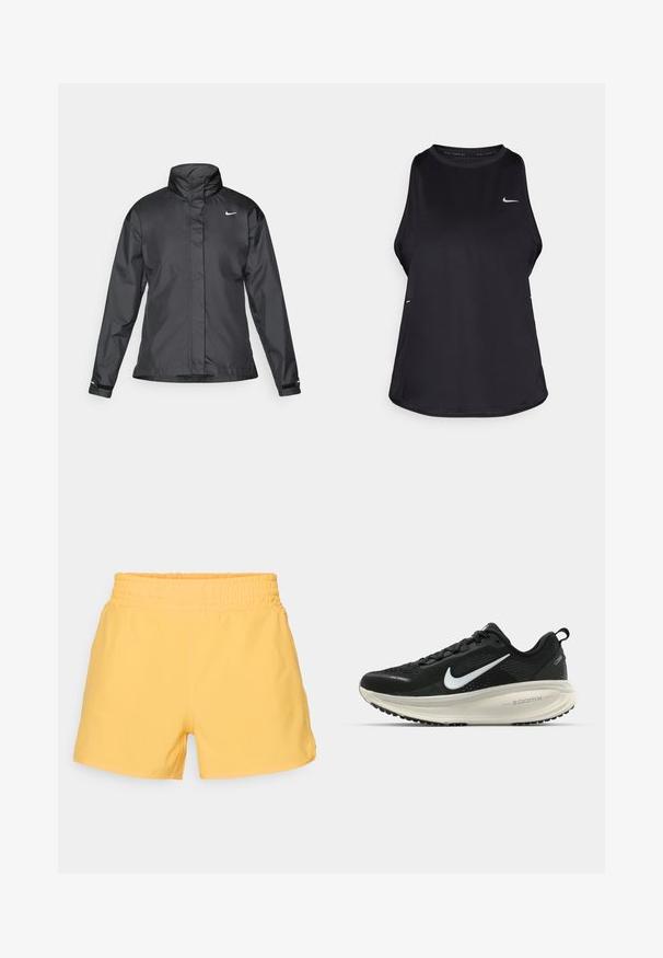 Fekete szélálló dzseki magas gallérral, teljes cipzárral elöl és Nike logóval a mellkason; sima, könnyű anyagból készült.; Fekete ujjatlan futó trikó, könnyű anyagból készült, kerek nyakkal; diszkrét logóval és oldalsó hasítékokkal a légáteresztés érdekében.; Sárga, gumis derékú rövidnadrág, sima textúrával, laza szabással és minimalista dizájnnal. Zsebek vagy díszítőelemek nem láthatók.; Fekete Nike futócipő légáteresztő hálós felsőrésszel, fehér Swoosh logóval, textúrázott részletekkel és krém színű ZoomX középtalppal.