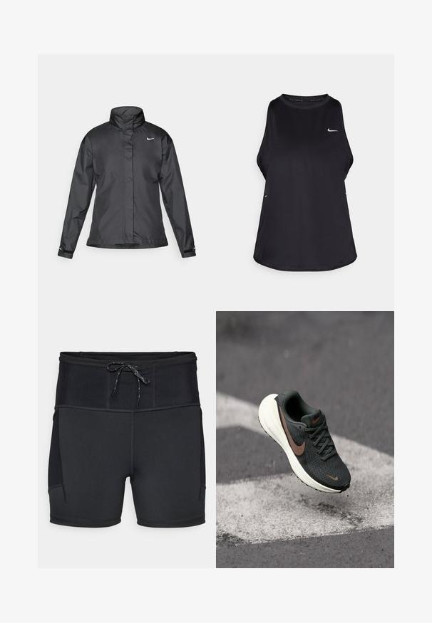 Black windbreaker jacket featuring a high collar, full zip front, and Nike logo on the chest; made of smooth, lightweight fabric.; Black sleeveless running tank top made of lightweight material with a round neck; features a subtle logo and side slits for breathability.; Black athletic shorts with a high waistband, textured upper panel, and drawstring. Features flatlock stitching and side pockets.; Black mesh running shoe with a textured upper, a brown Nike swoosh, and a white cushioned sole, suspended above a gray surface.