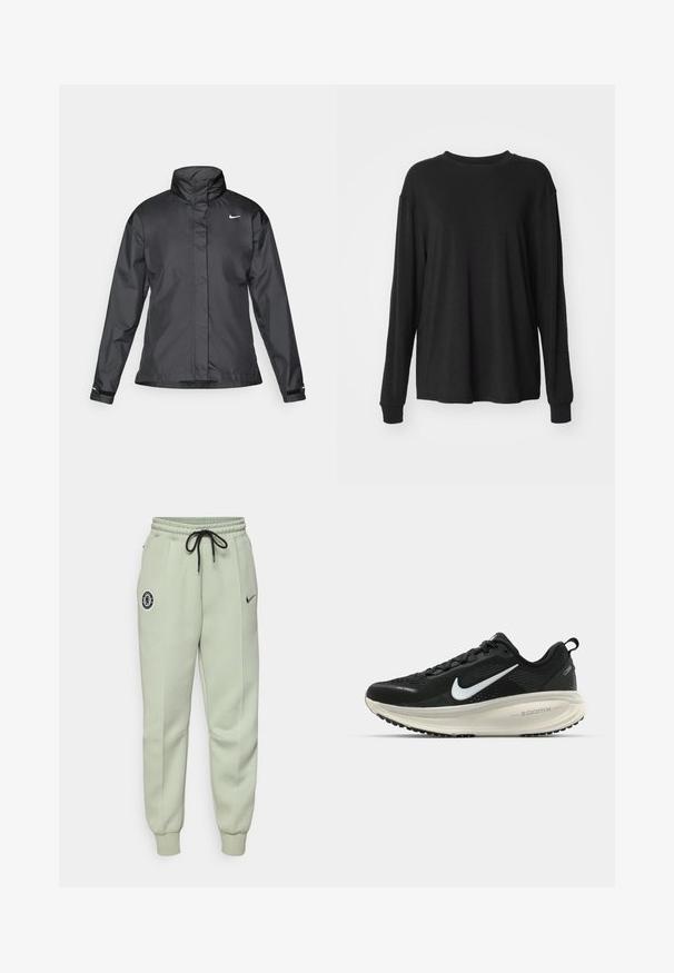 Svarte vindjakke med høy krage, full glidelås foran og Nike-logo på brystet; laget av glatt, lett materiale.; Svart langermet t-skjorte med rund hals, senket skuldre og en myk, glatt tekstur. Enkel design uten synlige mønstre eller detaljer.; Lysegrøn Nike joggebukse med elastisk midje, snor, sidelommer og Chelsea FC-logo på venstre lår.; Svart Nike løpesko med pustende mesh-overdel, hvit swoosh-logo, teksturert detaljer og en kremfarget ZoomX mellomsåle.