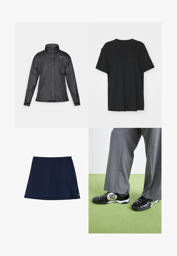 Svart vindjacka med hög krage, hel dragkedja fram och Nike-logga på bröstet; tillverkad av ett mjukt, lätt tyg.; Svart kortärmad t-shirt i slätt tyg, med rund hals och lös passform. Har sidslitsar för ökad komfort och andningsförmåga.; Marinen skort i lätt och mjukt material. Har en sidoklyvning och en liten logotypdetalj på den främre högra fållen. A-linjeformad.; Svarta patenterade sneakers med en silver "90"-detalj, med en texturerad yta och snörningsdesign, tillsammans med grå vida byxor.