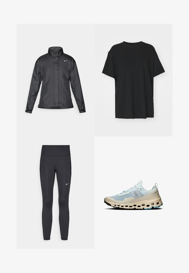 Črna vetrovka z višjim ovratnikom, popolnim zadrgo spredaj in logotipom Nike na prsih; izdelana iz gladkega, lahkega materiala.; Črna kratka majica s kratkimi rokavi, izdelana iz gladkega materiala, s kroјnim ovratnikom in prostim krojem. Ima stranske razpoke za dodatno udobje in zračnost.; Črne legice iz elastične tkanine, z visokim pasom in belim Nike logo na levem stegnu. Gladka tekstura, oblikovno prilegajoč dizajn.; Svetlo modri mrežasti tekaški copat z bež poudarki, teksturirana površina, izraziti rezi v srednjem delu podplata in kontrastni črn podplat.