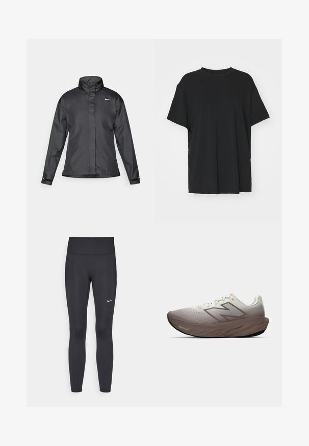 Black windbreaker jacket featuring a high collar, full zip front, and Nike logo on the chest; made of smooth, lightweight fabric.; Black short-sleeve t-shirt made of smooth fabric, with a crew neck and loose fit. Features side slits for added comfort and breathability.; Black leggings made of stretchy fabric, featuring a high waistband and a white Nike logo on the left thigh. Smooth texture, form-fitting design.; Running shoe with gradient grey and brown upper, thick brown sole labeled "Fresh Foam," and New Balance logo on side.