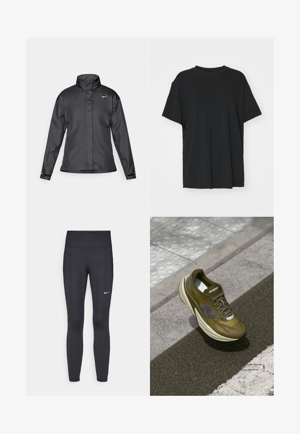 Casaco corta-vento preto com colarinho alto, fecho éclair frontal e logótipo da Nike no peito; feito de um tecido suave e leve.; T-shirt preto de manga curta feito de tecido suave, com decote redondo e corte solto. Apresenta aberturas laterais para maior conforto e respirabilidade.; Leggings pretos feitos de tecido elástico, com uma cintura alta e um logo branco da Nike na coxa esquerda. Textura suave, design ajustado ao corpo.; Sapatilha atlética verde-oliva com uma parte superior de malha respirável, meia sola com amortecimento, detalhe do logótipo em roxo e sola de borracha texturizada para melhor aderência.