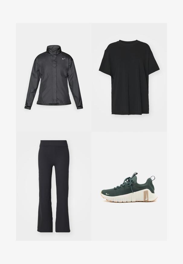 Jachetă neagră tip windbreaker cu guler înalt, fermoar înaintat și logo Nike pe piept; fabricată dintr-un material neted și ușor.; Tricou negru cu mânecă scurtă, fabricat dintr-un material neted, cu guler rotund și croială lejeră. Dispune de fante laterale pentru un plus de confort și respirație.; Pantaloni negri evazați din țesătură elastică, cu un talie înaltă. Prezintă linii curate și o textură netedă, fiind potriviți pentru îmbrăcăminte casual.; Pantofii atletici verzi, cu un superior din țesătură texturată, talpă intermediară albă și talpă exterioară bej. Au șireturi, un tab de prindere și un mic logo pe lateral.