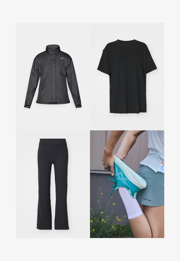 Black windbreaker jacket featuring a high collar, full zip front, and Nike logo on the chest; made of smooth, lightweight fabric.; Black short-sleeve t-shirt made of smooth fabric, with a crew neck and loose fit. Features side slits for added comfort and breathability.; Black flared pants made of stretchy fabric with a high waistband. Features clean lines and a smooth texture, suitable for casual wear.; Turquoise athletic shoe with a textured surface, white laces and sole. Person stretching leg wears a white sock and gray athletic shorts.