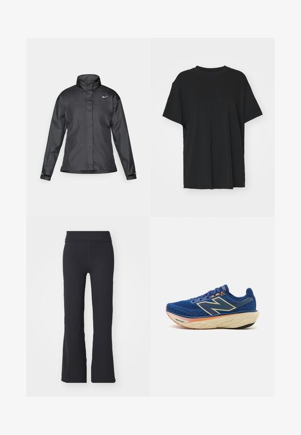 Black windbreaker jacket featuring a high collar, full zip front, and Nike logo on the chest; made of smooth, lightweight fabric.; Black short-sleeve t-shirt made of smooth fabric, with a crew neck and loose fit. Features side slits for added comfort and breathability.; Black flared pants made of stretchy fabric with a high waistband. Features clean lines and a smooth texture, suitable for casual wear.; Blue running shoe featuring a breathable mesh upper, padded collar, and a cushioned sole with an orange accent. "Fresh Foam" branding visible.