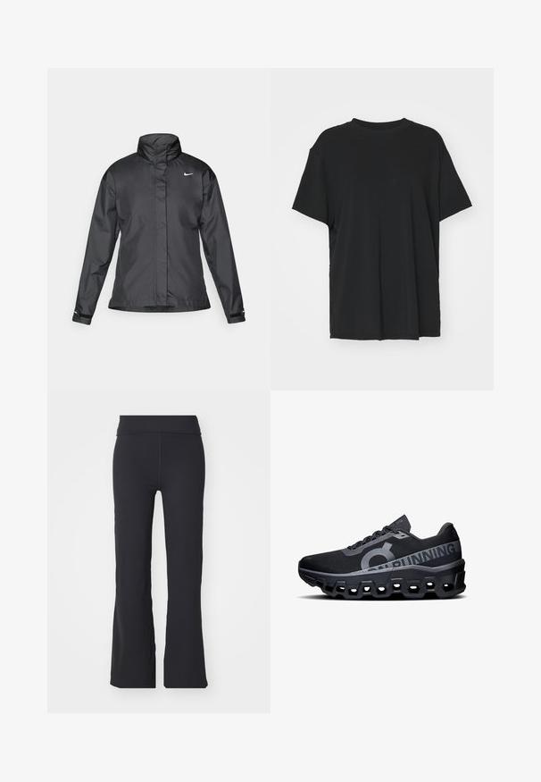 Juoda vėjui atspari striukė su aukštu apykakle, visišku užtrauktuku priekyje ir Nike logotipu krūtinėje; pagaminta iš lygaus, lengvo audinio.; Juodas trumpas rankovėmis marškinėliai, pagaminti iš lygaus audinio, su apvaliu iškirpimu ir laisvu siluetu. Įrengti šoninių skeltukų patogumui ir oro pralaidumui.; Juodos platėjančios kelnės, pagamintos iš tamprių audinių, su aukštu juosmeniu. Turi švarias linijas ir glotnų tekstūrą, tinkamos kasdieniam dėvėjimui.; Juodos bėgimo bateliai su tekstūruota tinkline viršune, įrengti ryškų logotipą ir atspindinčius akcentus. Storas putplasčio padas su šešiakampėmis išpjovomis.