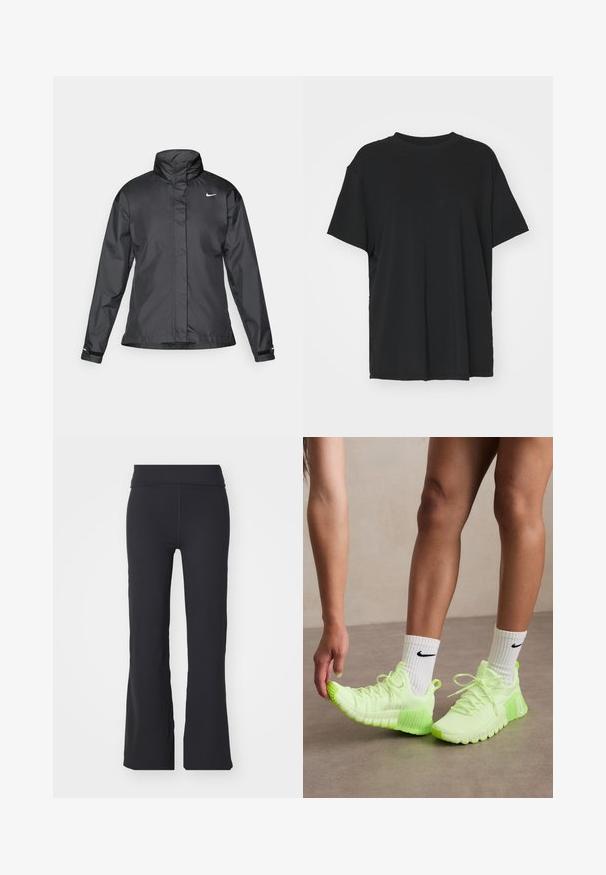 Jachetă neagră tip windbreaker cu guler înalt, fermoar înaintat și logo Nike pe piept; fabricată dintr-un material neted și ușor.; Tricou negru cu mânecă scurtă, fabricat dintr-un material neted, cu guler rotund și croială lejeră. Dispune de fante laterale pentru un plus de confort și respirație.; Pantaloni negri evazați din țesătură elastică, cu un talie înaltă. Prezintă linii curate și o textură netedă, fiind potriviți pentru îmbrăcăminte casual.; Pantofi sport neoni verzi, cu talpă texturată, sistem de Încâlcare cu șireturi și un logo Nike alb pe lateral. Purtați cu șosete albe cu accente negre.