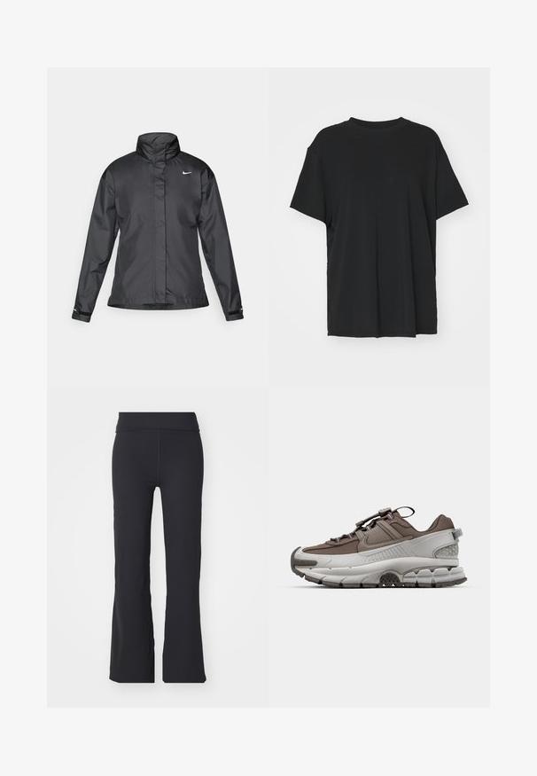 Melnā vēja izturīgā jaka ar augstu apkakli, pilnu rāvējslēdzēju priekšpusē un Nike logo uz krūšu; izgatavota no gludas, vieglas auduma.; Melna īsām piedurknēm T-krekli, izgatavots no gludas auduma, ar apaļu kakla izgriezumu un brīvu piegriezumu. Satur sānu šķēlumu, lai nodrošinātu papildu komfortu un gaisa caurlaidību.; Melni izplūdušo bikses, izgatavotas no elastīgas auduma ar augstu jostasvietu. Izceļas ar gludām līnijām un vienmērīgu tekstūru, piemērotas ikdienas valkāšanai.; Sporta apavi brūnā un pelēkā krāsā ar teksturētu augšdaļu, mīkstu apkakli un biezu baltu starpsoļu; aprīkoti ar elastīgām šņorēm un rakstainiem akcentiem.