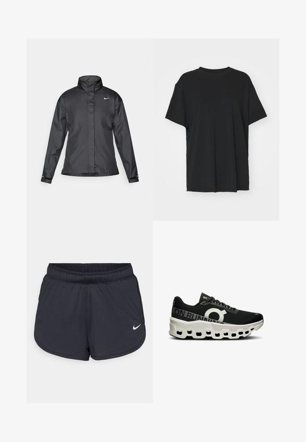 Schwarze Windjacke mit hochgeschlossenem Kragen, durchgehendem Reißverschluss und Nike-Logo auf der Brust; aus glattem, leichtem Material gefertigt.; Schwarzes T-Shirt mit kurzen Ärmeln aus glattem Stoff, mit Rundhalsausschnitt und lockerer Passform. Verfügt über seitliche Schlitze für zusätzlichen Komfort und Atmungsaktivität.; Schwarze Sportshorts aus leichtem, atmungsaktiven Material. Mit elastischem Bund und weißem Nike-Logo auf der unteren rechten Seite.; Schwarzer Laufschuh mit einem strukturierten Mesh-Obermaterial, auffälligem weißen Logo und einer einzigartigen schwarz-weißen, geformten Sohle mit sechseckigen Ausschnitten.