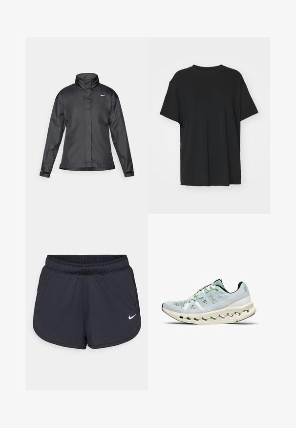 Schwarze Windjacke mit hochgeschlossenem Kragen, durchgehendem Reißverschluss und Nike-Logo auf der Brust; aus glattem, leichtem Material gefertigt.; Schwarzes T-Shirt mit kurzen Ärmeln aus glattem Stoff, mit Rundhalsausschnitt und lockerer Passform. Verfügt über seitliche Schlitze für zusätzlichen Komfort und Atmungsaktivität.; Schwarze Sportshorts aus leichtem, atmungsaktiven Material. Mit elastischem Bund und weißem Nike-Logo auf der unteren rechten Seite.; Hellblaue Sportschuh mit atmungsaktivem Mesh, reflektierenden Akzenten, einer gepolsterten Sohle mit Ausschnitten und schwarzen Details an der Ferse.